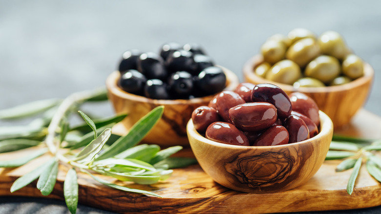 green, brown and black olives