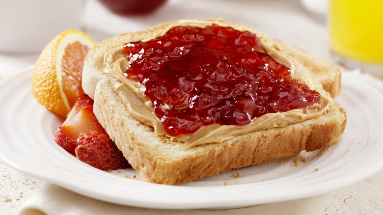 Jam on peanut butter bread