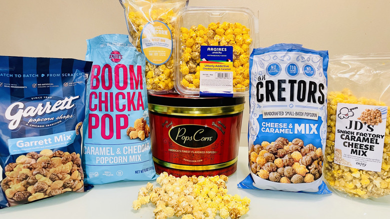 Collection of various types of cheese and caramel popcorn