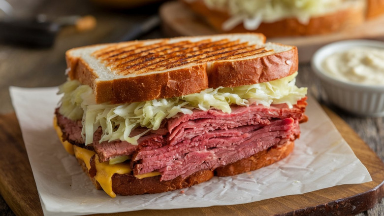 A toasted Reuben sandwich on a wooden board