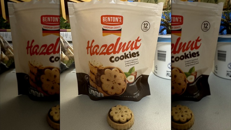 A Benton's hazelnut cookie bag sits on a counter