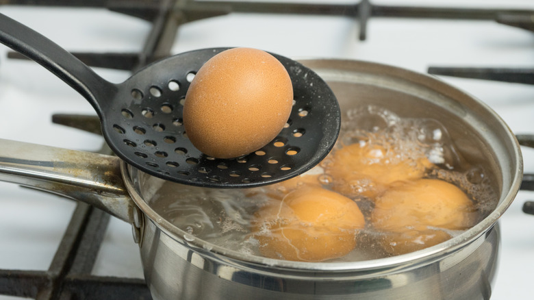 Spoon lifting egg boiling in water 