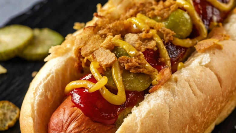 Close-up of a hot dog with a variety of crunchy toppings on a black surface