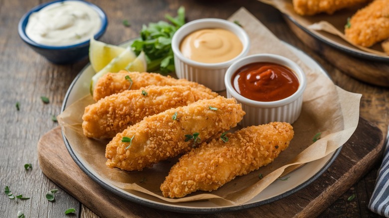 Chicken tenders with dipping sauces on a plate