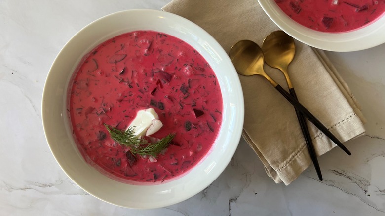 bowls of borscht soup
