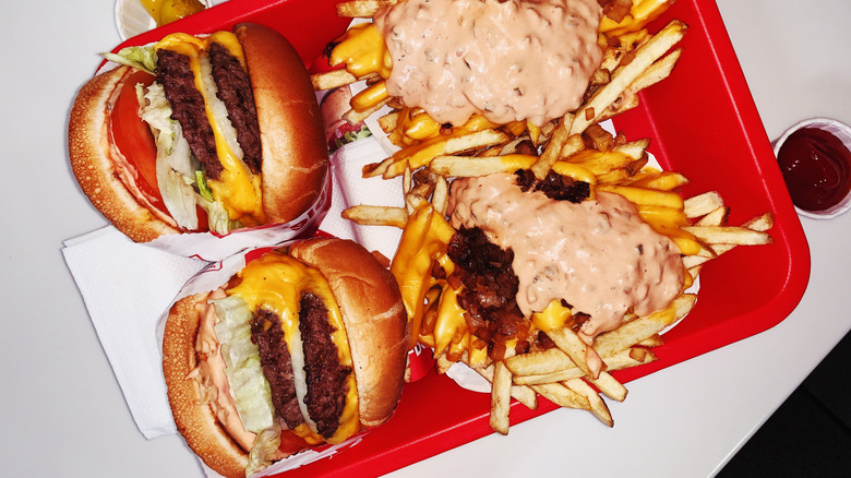 Shot of In-N-Out burgers and animal-style fries from above