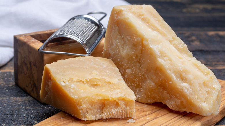 Parmesan cheese and cheese grater on wood block