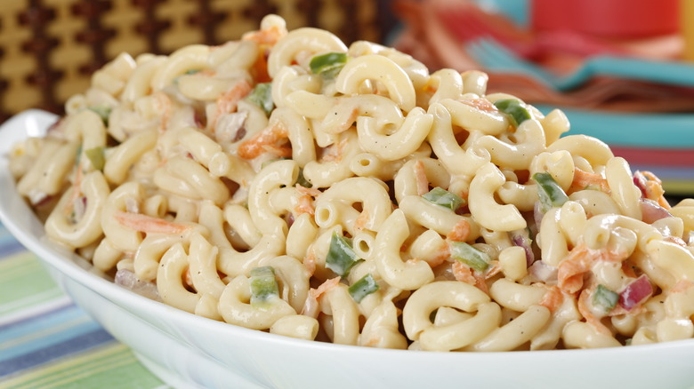 Hawaiian mac salad in a white bowl