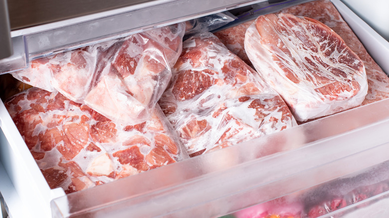 Various meats stored in the freezer