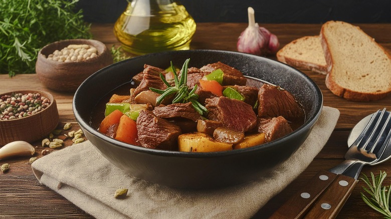 Vegetable beef stew surrounded by seasonings and bread