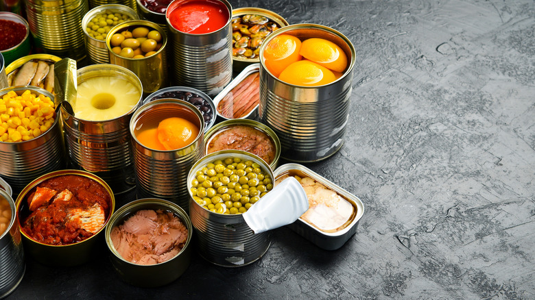 Various canned foods on display