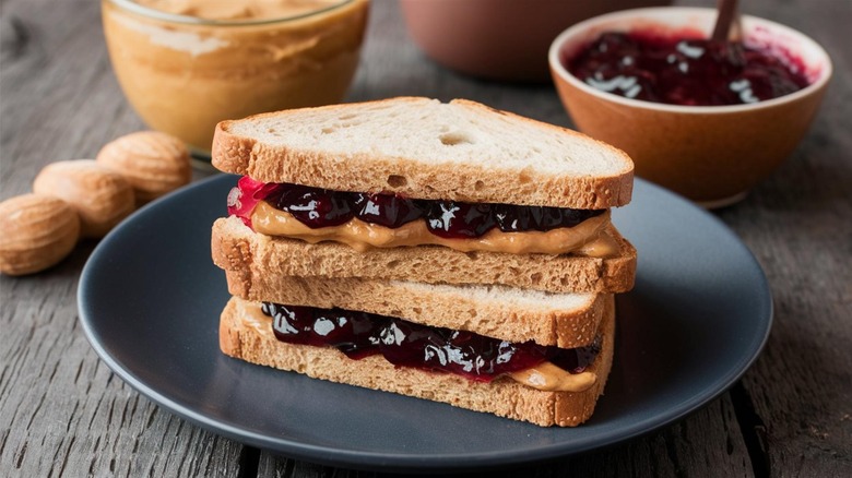 A sliced peanut butter and jelly sandwich on a plate with a bowl of peanut butter, a bowl of jelly, and peanuts in the shell in the background.