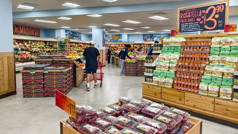 Inside of Trader Joe's with pasta and produce on display
