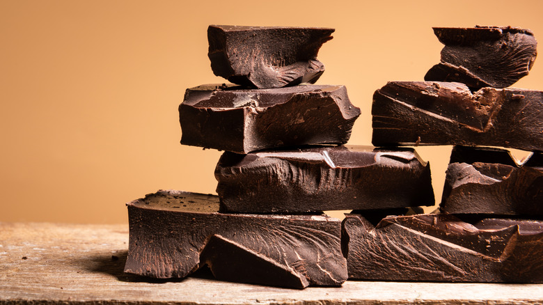 Broken pieces of chocolate stacked together
