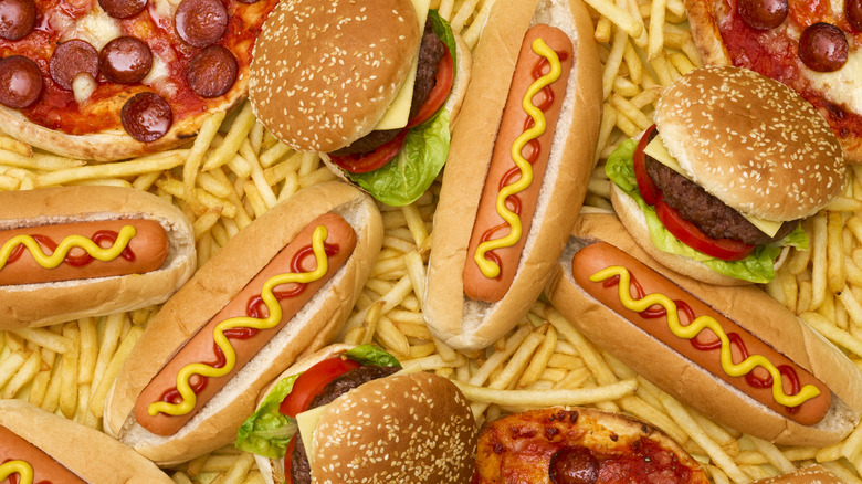 A slew of fast food including hot dogs, fries, burgers, and pizza