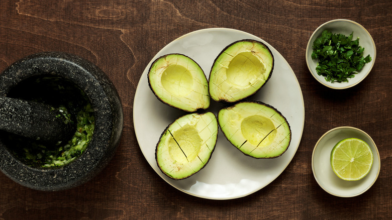 Avocado cut in crosshatch