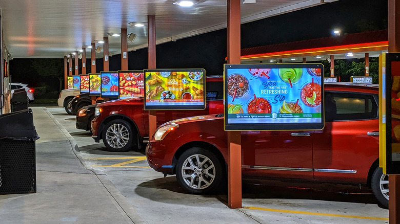 Cars lined up at the Sonic drive-in