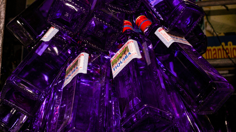 Bottles of purple liquor called tiquira are scattered on a surface.