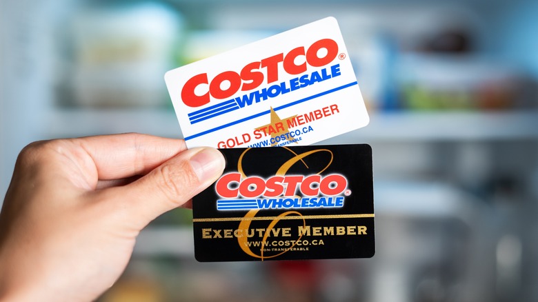 A hand holding two Costco membership cards