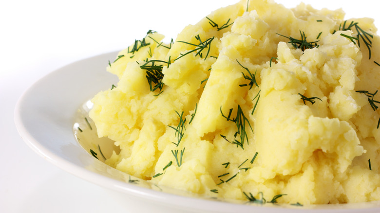 Mashed potatoes in a white bowl
