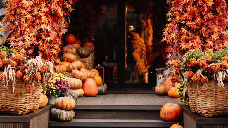 Decorative autumn scene with fall foliage, pumpkins, pampas grass, and mums