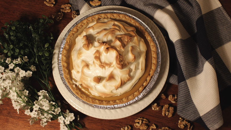 A butterscotch pie topped with meringue