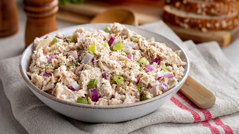 Tuna salad in a bowl on a napkin