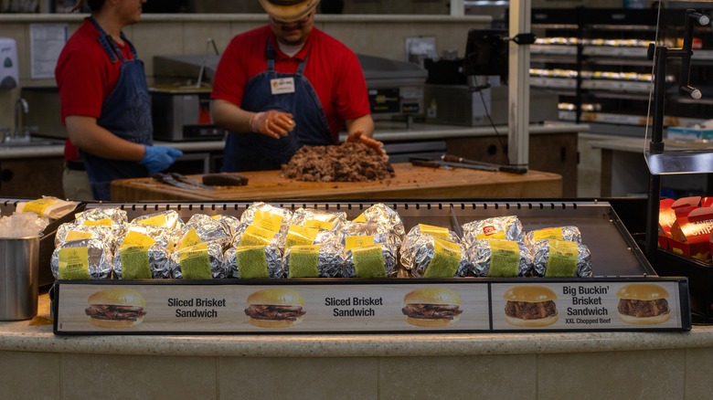 A display of Buc-ee's brisket sandwiches