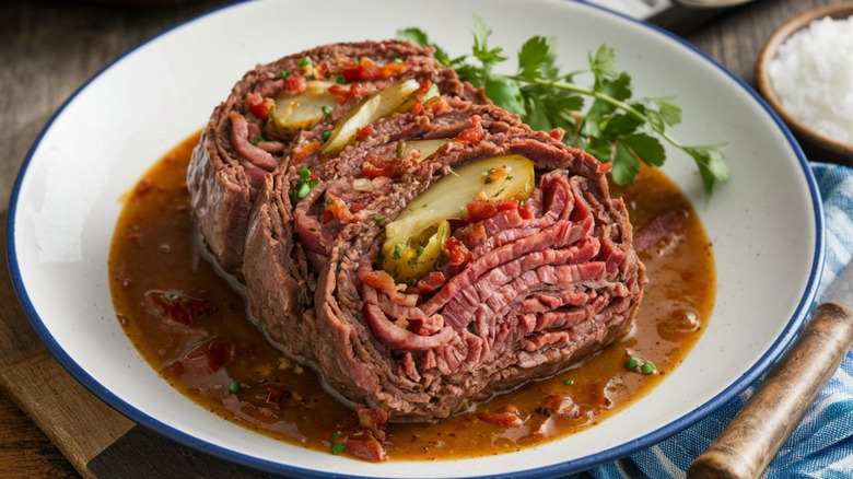 Rouladen stuffed with bacon, onions, pickles, and mustard in a gravy
