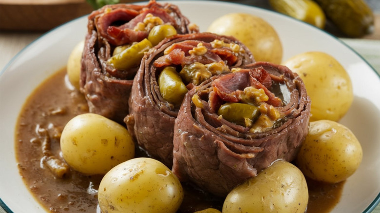 Three rouladen rolls in a bed of gravy with boiled baby potatoes
