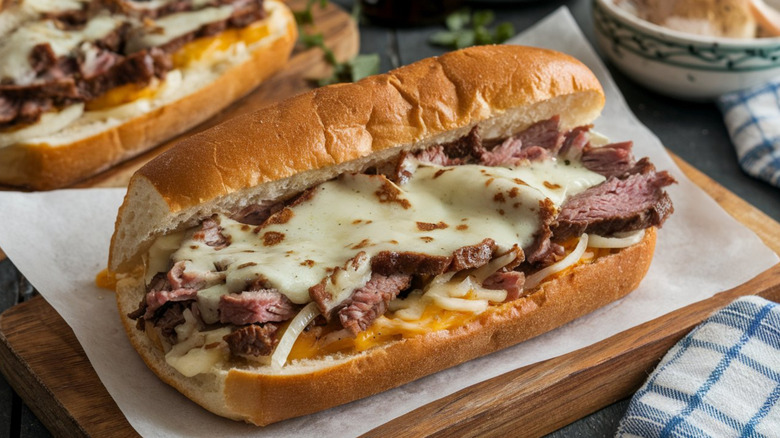 Cheesesteak sandwich on wooden board